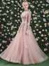 A Line Pink Chiffon Long Sleeves Appliques Open Back Prom Dresses LBQ0468