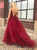 A Line V Neck Sleeveless Floor Length Dark Red Tulle Prom Dress with Sequins 