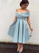 Off The Shoulder A Line Satin Pleats Prom Dresses With Tea Length
