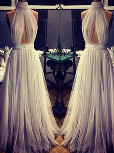 A Line Halter Tulle Sleeveless Pleats Prom Dresses