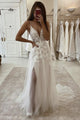 A Line Ivory Lace Long Prom Dress with Slit, Ivory Lace Wedding Dresses  ZXS382