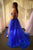 A Line V Neck Backless Blue Tulle long Prom Dress with High Slit GJS693