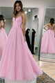 A Line Pink Long Prom Dresses, Backless V-neck Evening Dresses GJS269