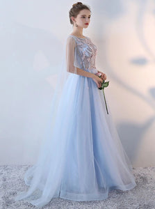Blue A Line Scoop Appliques Lace Up Tulle Floor Length Prom Dresses 