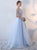 Blue A Line Scoop Appliques Lace Up Tulle Floor Length Prom Dresses 