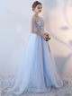 Blue A Line Scoop Appliques Lace Up Tulle Floor Length Prom Dresses 