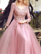 A Line V Neck Tulle Appliques Long Sleeves Prom Dresses