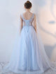 Blue A Line Scoop Appliques Lace Up Tulle Sleeveless Prom Dresses 