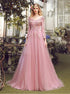 A Line V Neck Tulle Appliques Prom Dress LBQ0408