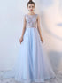 Blue A Line Scoop Appliques Lace Up Tulle Prom Dress LBQ0469