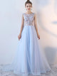 Blue A Line Scoop Appliques Lace Up Tulle Prom Dresses 
