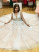 A Line Tulle Scoop Appliques Open Back Prom Dresses