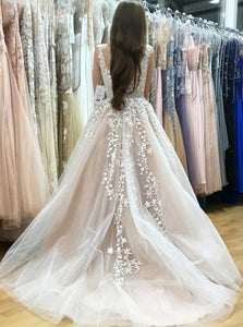 A Line Tulle Scoop Appliques Sleeveless Prom Dresses