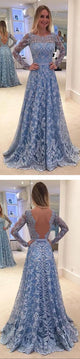 Long Sleeve Blue Lace A-Line Open Back Cocktail Evening Party Prom Dresses GJS424