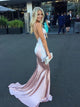Pearl Pink Sheath Backless Appliques Sleeveless Prom Dresses