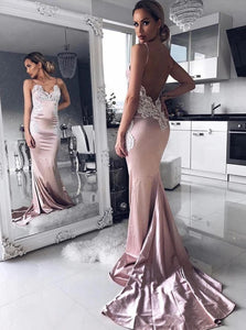 Pearl Pink Backless Appliques Sweep Train Prom Dresses