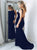 Mermaid Bateau Sweep Train Satin Sleeveless Backless Prom Dresses