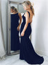 Mermaid Bateau Navy Blue Satin Backless Prom Dress LBQ0390