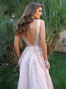 Deep V Neck Floor Length Pink Tulle Backless Prom Dress with Sequins