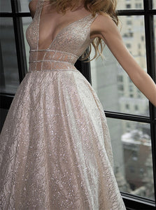A Line Deep V Neck Sweep Train Silver Open Back Prom Dress