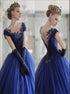 Royal Blue Appliques Cap Sleeves V Neck Ball Gown Prom Dresses LBQ0592