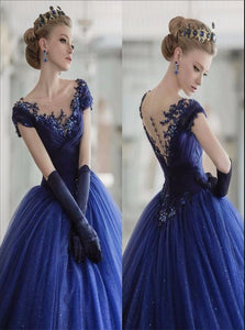 Royal Blue Appliques Cap Sleeves V Neck Ball Gown Floor Length Prom Dresses
