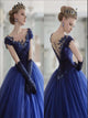 Royal Blue Appliques Cap Sleeves V Neck Ball Gown Floor Length Prom Dresses