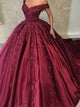 Off The Shoulder Ball Gown Appliques Prom Dresses Satin Sweep Train
