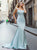  Mermaid Scoop Light Blue Stretch Satin Open Back Beadings Prom Dresses