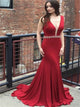 Mermaid Red Stretch Satin Open Back Beadings Prom Dresses