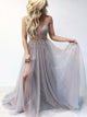  Grey Beadings Open Back Tulle Prom Dresses with Slit
