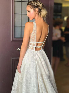 Chic Silver V Neck Beadings Sweep Train Prom Dresses