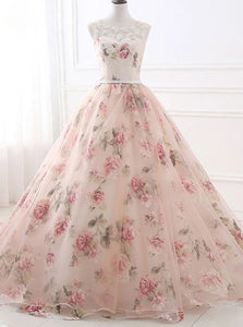 Pink A Line Appliques Sweep Train Prom Dresses