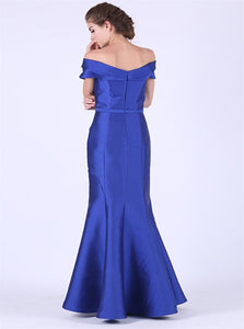  Mermaid Off The Shoulder Satin With Beadings Prom Dresses 