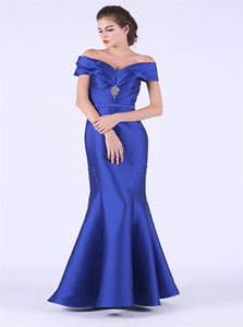  Mermaid Off The Shoulder Satin With Beadings Floor Length Prom Dresses