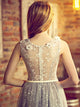 Silver A Line V Neck Floor Length Tulle Prom Dresses with Appliques