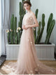 A Line Bateau Sweep Train Appliques Prom Dresses 