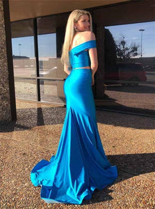 Two Piece Mermaid Off the Shoulder Royal Blue Prom Dress LBQ0338