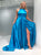 A Line Scoop Open Back Blue Prom Dress with Split