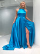 A Line Scoop Open Back Blue Prom Dress with Split