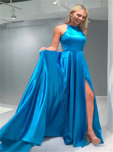A Line Scoop Open Back Sweep Train Blue Prom Dress with Split