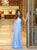 A Line Scoop Floor Length Tulle Blue Short Sleeves Prom Dresses