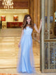 A Line Scoop Floor Length Tulle Blue Short Sleeves Prom Dresses