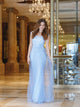 A Line Scoop Floor Length Tulle Blue Prom Dresses