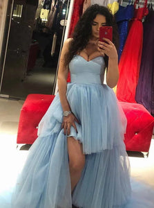 A Line Sweetheart Tulle Blue Sleeveless Prom Dresses With Sweep Train 