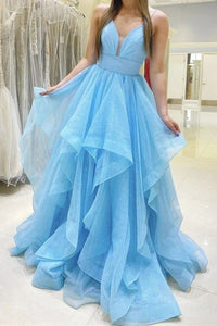 Baby Blue V Neck Long Prom Dresses, A-line Sleeveless Sweet Gown GJS236