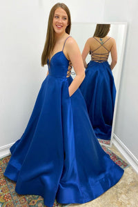 Blue Satin Backless Long Prom Evening Dress with Lace up GJS006