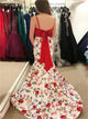 Mermaid Spaghetti Straps Printed Satin Bowknot Sweep Train Prom Dresses