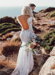 Backless V Neck Lace Sweep Train Beach Bridal Gown