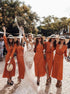 A Line V Neck Long Sleeves Orange Chiffon Bridesmaid Dresses LBQB0043